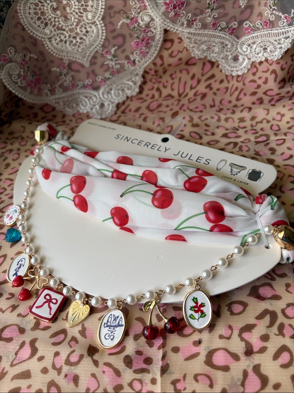 SINCERELY JULES White Cherry Print Scarf with Pearl Charm Necklace